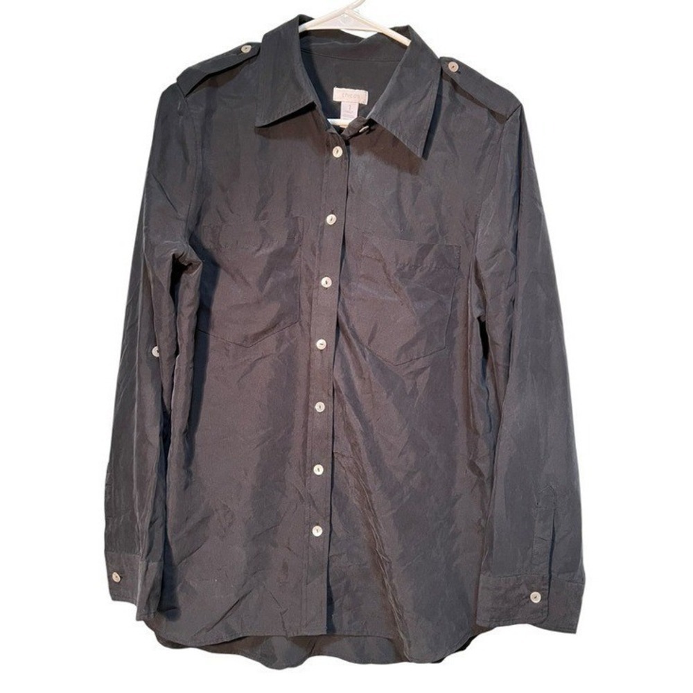 Chico's Women's Size 1 (Medium/8) Camp Shirt Button Down Black Roll Tab Sleeves